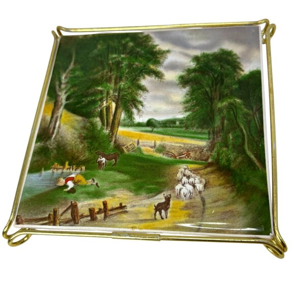 Vintage Ceramic Tile Trivet Country Road Sheeps Villeroy & Boch Square & Stand - Picture 1 of 6